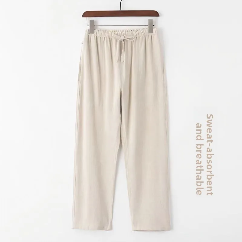 Loose Casual Linen Straight Leg Pants Elastic Waist Tai Chi Style Men's Long Trousers Comfortable All Season Wear Daily Use