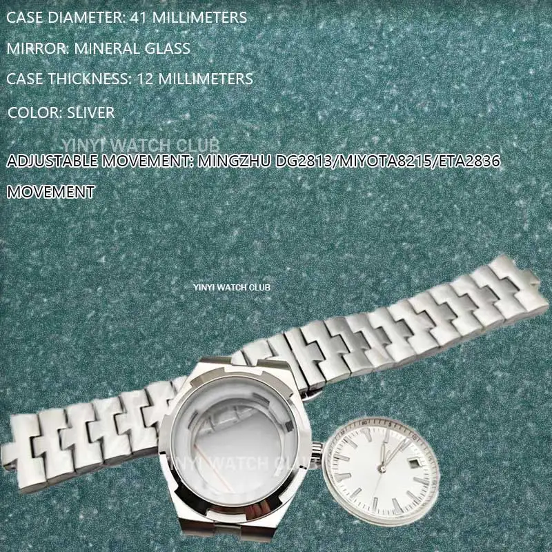 41MM Watch Case Automatic Mechanical Sliver Watch Case with Surface for ETA2836 Miyota 8215 Mingzhu dg2813 Movements