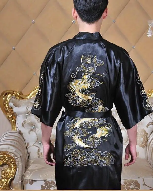 Men Robe V Neck Kimono Sleepwear Nightgown Embroidered Dragon Robe Cardigan Bathrobe Home Clothes Lounge Loose Sleep Dress