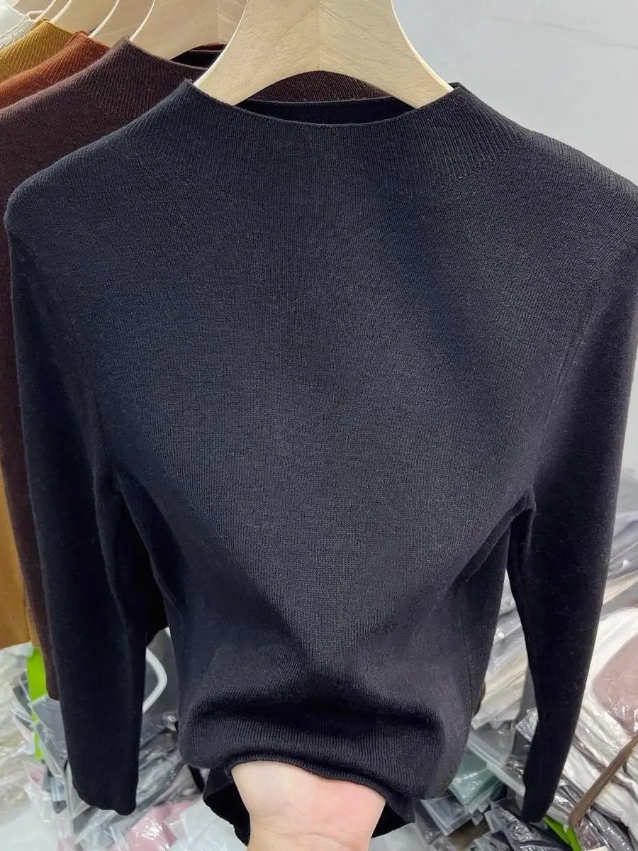 

Soft Mid-Ne f-High Collar Women's Fitting Knitted Sweater Bla Comfortable Breathable Korean Sle Long Sve Top