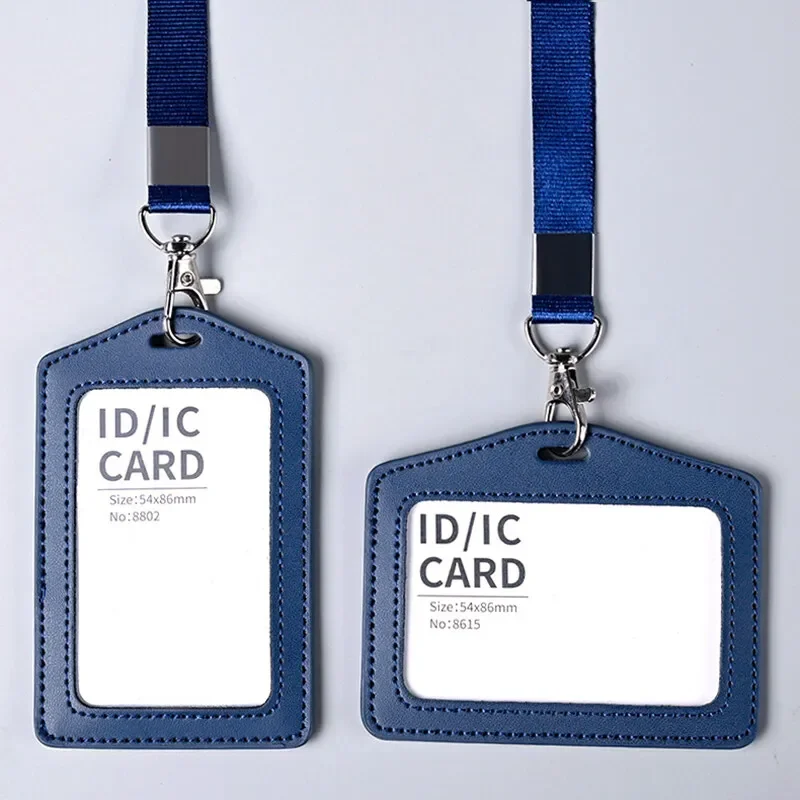 Cowhide ID Badge Holder with Lanyard Single Slot Vertical Work ID Card Holder Business Staff Name Tag IC Card Protective Cover