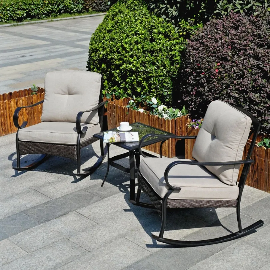 

Patio Garden Wicker Rocking Chair*2 and H18.91 Table Set Tempered Glass Top