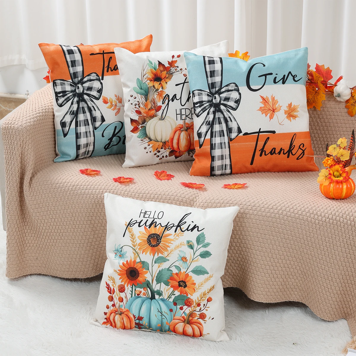 

4pcs Thanksgiving Day Pillow Case Pumpkin Linen Pillow Case Cover Thanksgiving Day Autumn Fall Maple Leaf Decoration Pillowcase