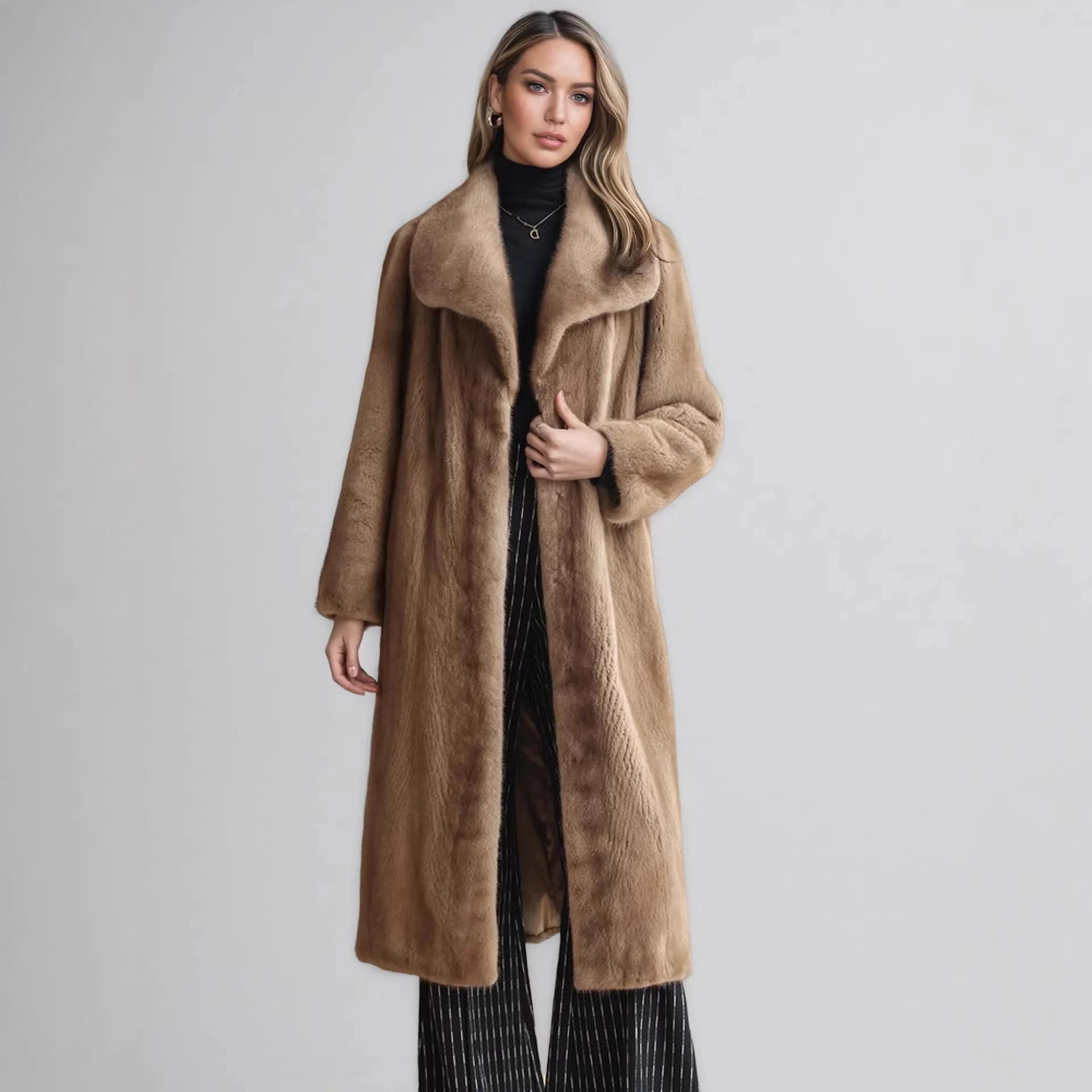 Women's Light Brown Lapel Faux Mink Fur Long Coat Loose Warm Luxury Retro Winter Outerwear 2026