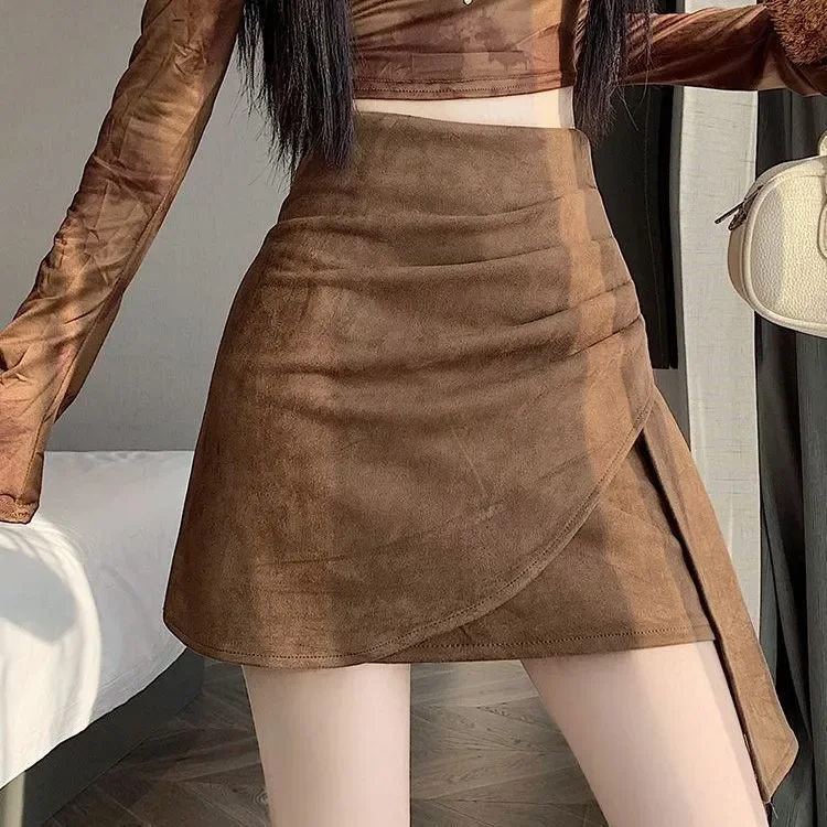 SALIENCY Autumn Winter Suede Irregular Skirt Solid Color High Waist Casual A-Line Pleated Short Skirts for Woman