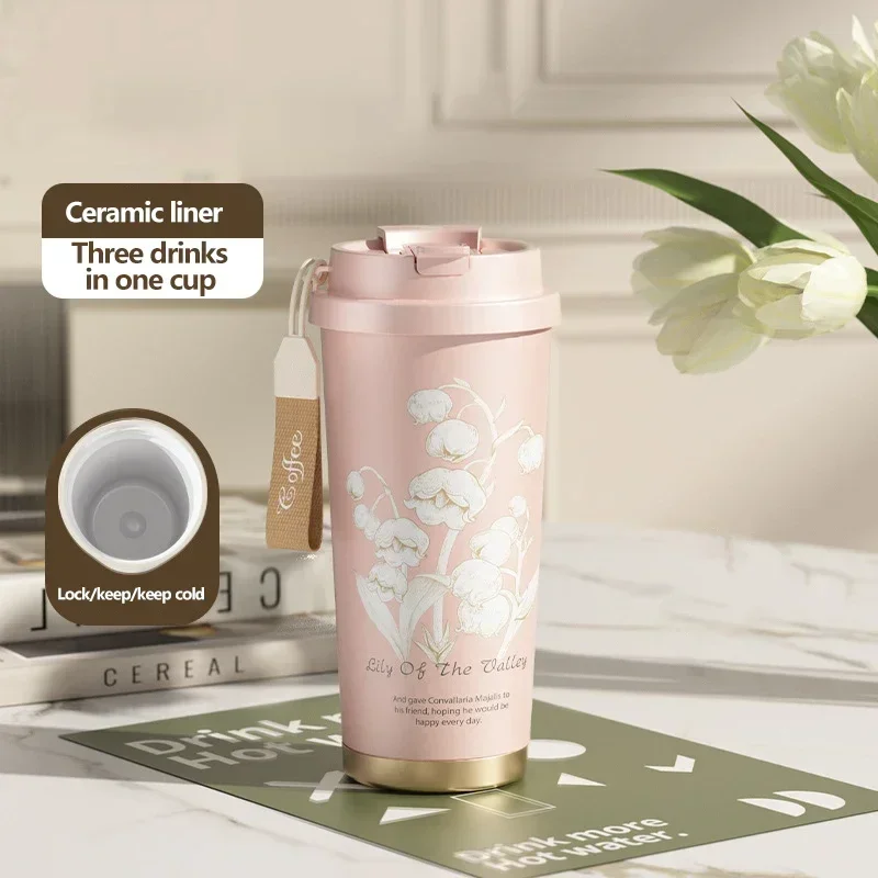 2025 New Lily of The Valley Design Travel Portable Leakproof Sippy Cup Coffee Cup Stainless Steel Car Cold Handy Cup