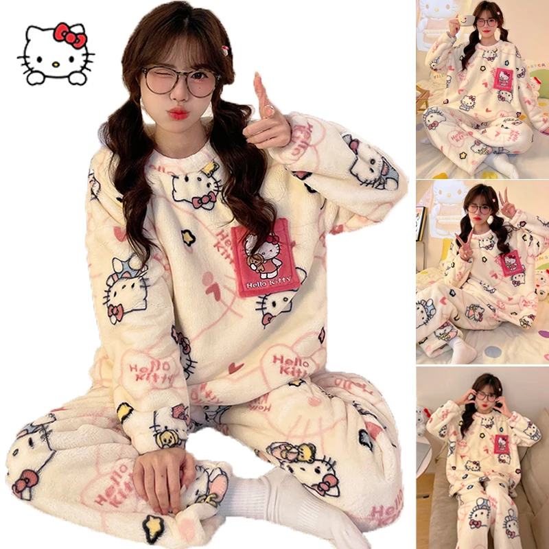 

2024 Sanrio Hello Kitty, новая осенне-зимняя пижама из кораллового бархата и бархата в полоску для женщин, фланелевая домашняя одежда, подарок