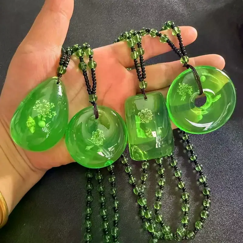 Green Amber Beeswax Necklace Water Drop Pendent Necklace For Women Unisex Lucky Safety Long Pendant Sweater Chain Ornaments