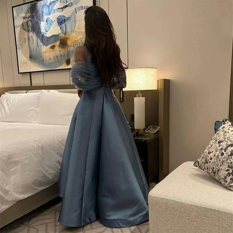 Blauw Prachtige avondjurken met ronde hals, elegante pailletten, lange mouwen, gaas, kralen, A-lijn galajurken op maat