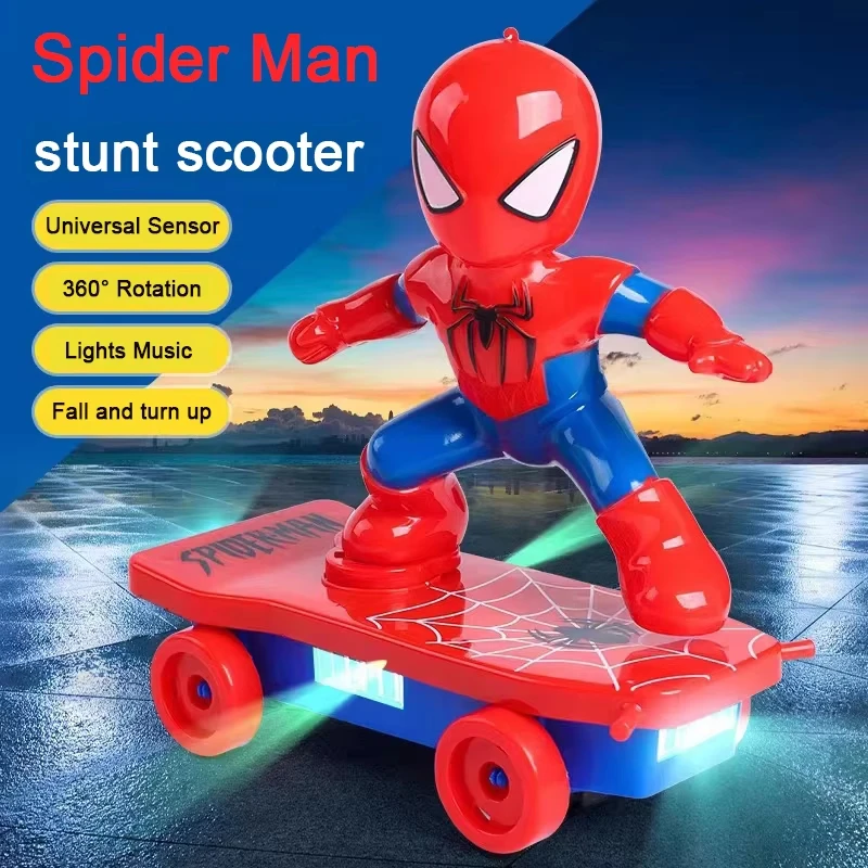 Spiderman Skateboard Rotasi Flip Otomatis Mobil Acousto-optik Mainan Anime Skuter Aksi Musik Listrik Hadiah Ulang Tahun Natal
