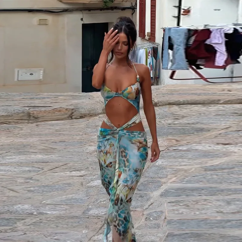 Dameskleding holle hete meid riem mouwloze sexy bedrukte jurk strand zomer slanke lange jurk