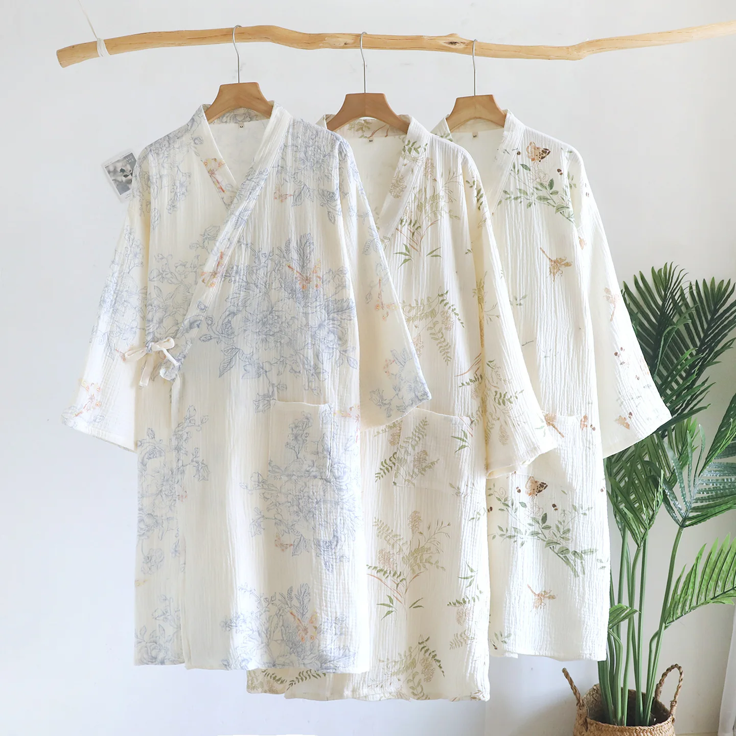 Cotton Printing Kimono Lace Up Bathrobe with Pocket for Women's Spring and Summer Double-layer Thin Home Yukata Robes