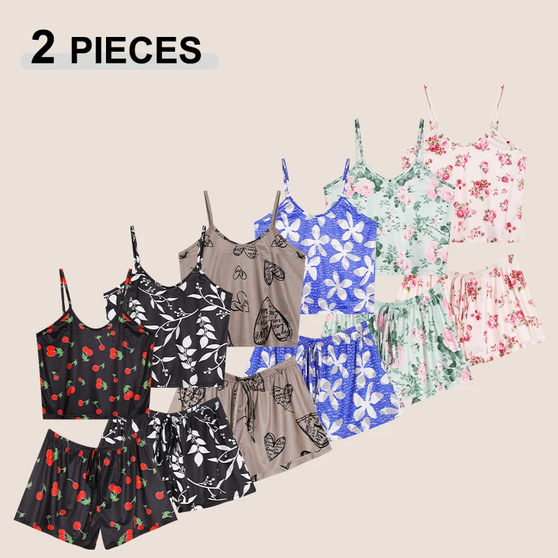 1 Sets Summer High Quality Printing Sleepwear Women's Sleeveless Camisole Casual Loungewear Ladies Ventilate Vest and Shorts New