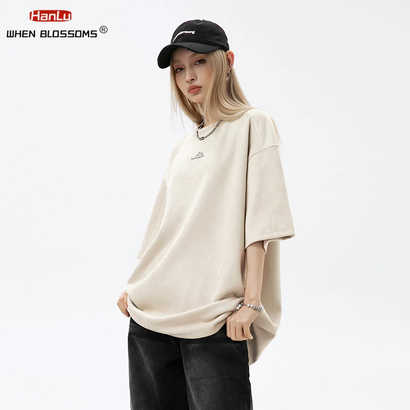 2024 Men Suede Short Sleeved T-shirt Men Women\'s Summer Oversized Tops Embroidered Trendy T-shirt Couple Streetwear Red Tees