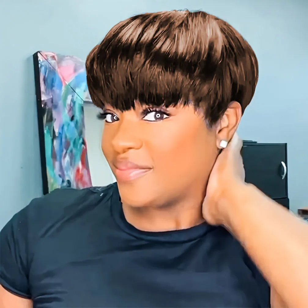 ピクシーカットストレート人毛ウィッグ女性のためのフルマシンメイド人毛ウィッグ 150% 密度 6 インチ