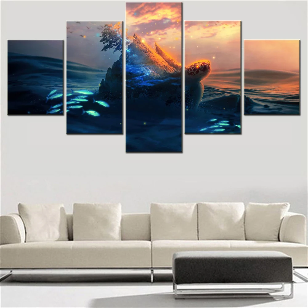 

5 Pieces Canvas Wall Arts Poster Painting Animals Sea Turtle Surreal Wallpaper Interior Picture Printing For Living Room Mural