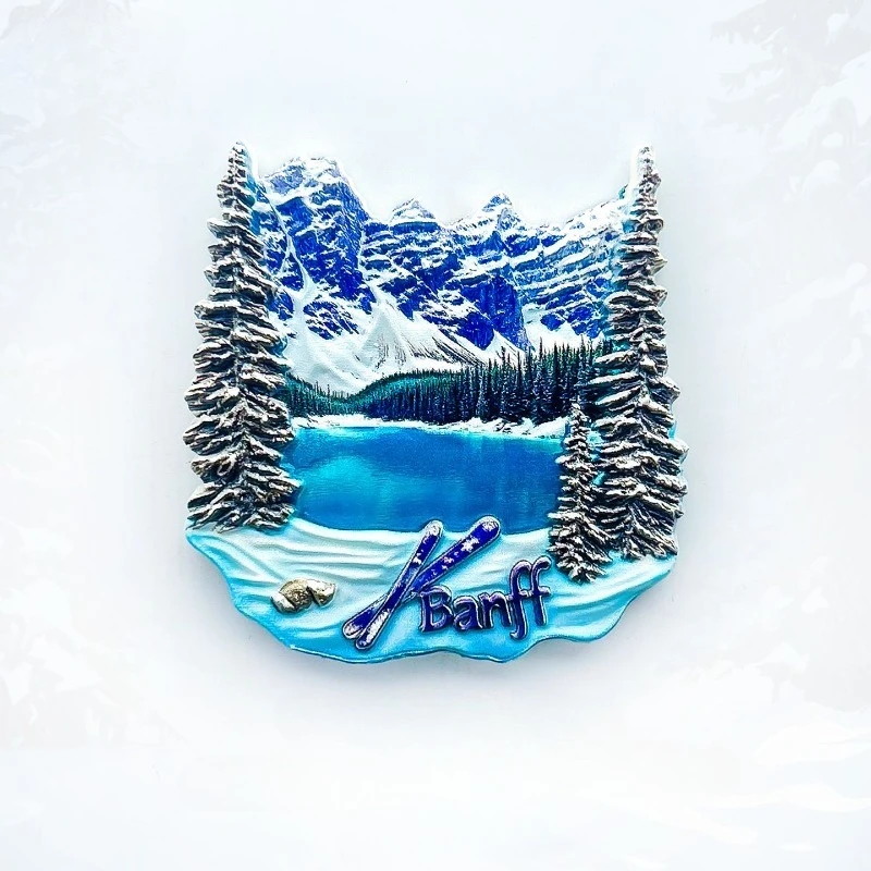 Imán para nevera del Parque Nacional de Banff: impresionante trineo de perro 3D en escena del lago, recuerdo único de invierno canadiense para viajes y decoración natural