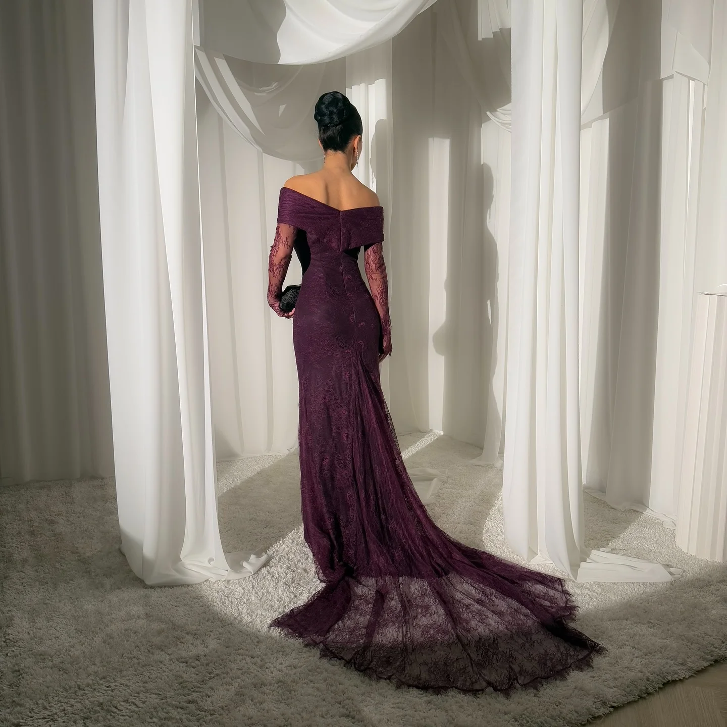 

Floor Length Long Sleeves Prom Dresses Off The Shoulder Evening Dress Wedding Dress customized Lace Women's Party Gowns Pleated