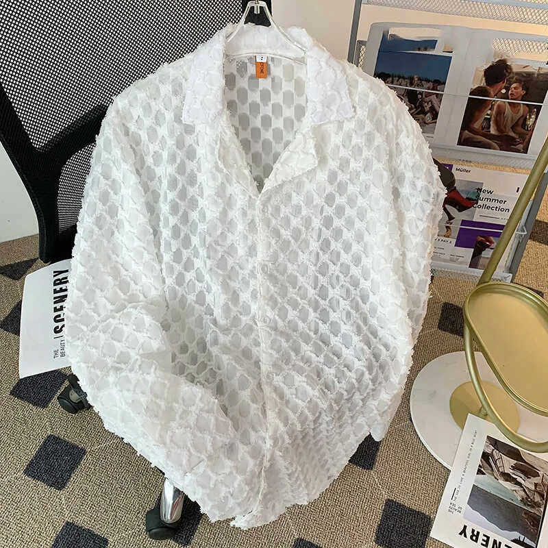 Men's Argyle Hollow Out Shirt Spring New Simple V-neck Long Sleeved Shirts French Casual Fashion Solid Loose Male Sexy Tops