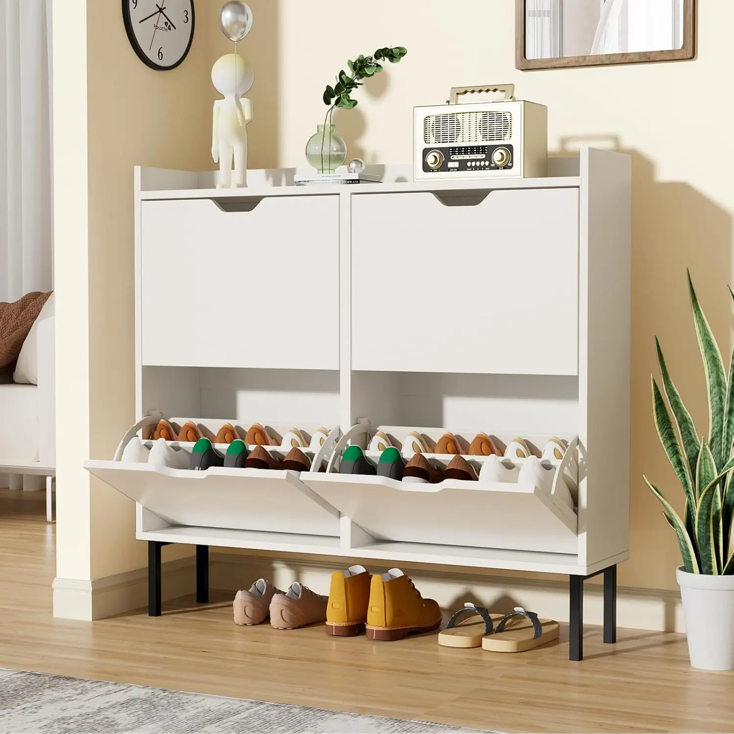 

Shoe Storage Cabinet With 4 Flip Drawers, Freestanding Shoe Cabinet With Adjustable Shelves & Metal Legs, Shoe Ra Organizer For