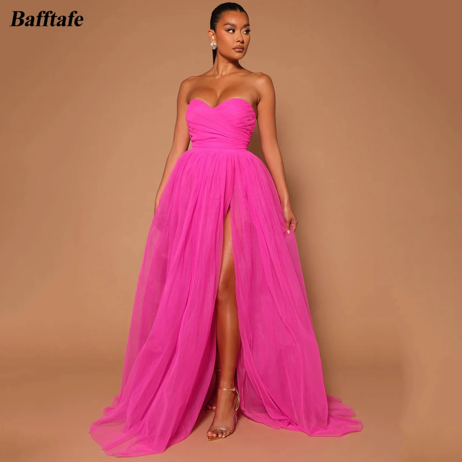 

Bafftafe A Line Soft Tulle Customized Prom Dresses Sweetheart Pleats High Slit Evening Gowns Formal Occasion Party Dress Women