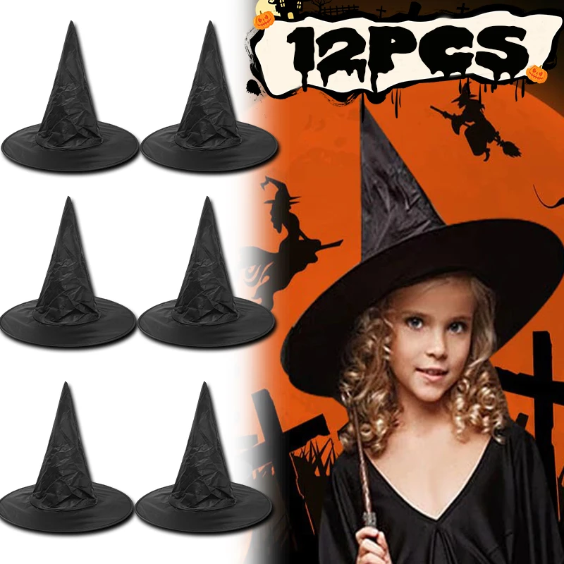 12/1pcs Halloween Witch Hat Party Favor Kids Adults Cap Cosplay Accessory for Halloween Party Decoration Hanging Black Witch Hat