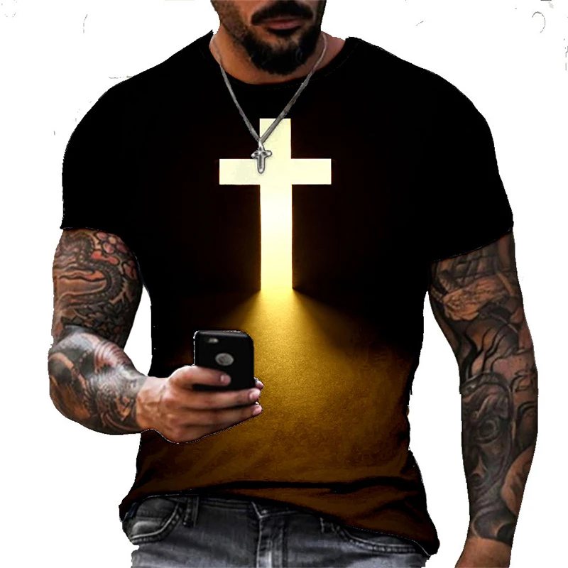 God Bless Vintage Jesus Christ T Shirt For Men 3D Print Men's Oversized Camiseta  Short Sleeve Top Tee