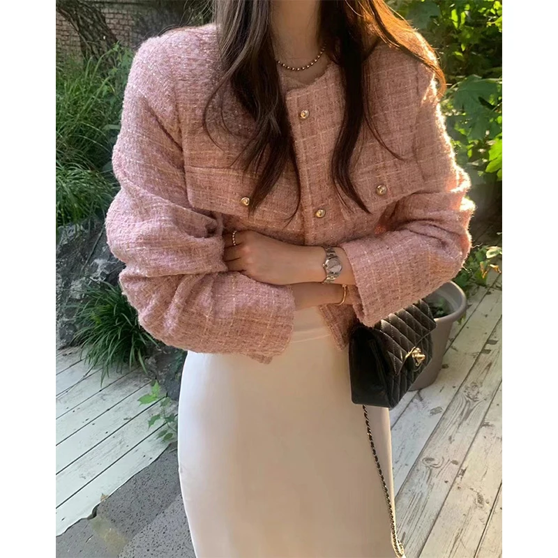 Elegant Pink Tweed Jacket Women Vintage Cropped Commute Coats Fall Winter Office Ladies Korean Single Breasted Short Outerwears