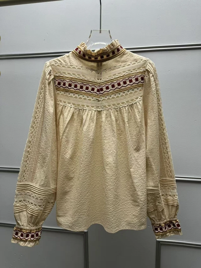 

Casual Shirt Women's Spring and Autumn 2025 New Vintage Tea Edge Apricot Red Hollow Embroidery High Neck Top