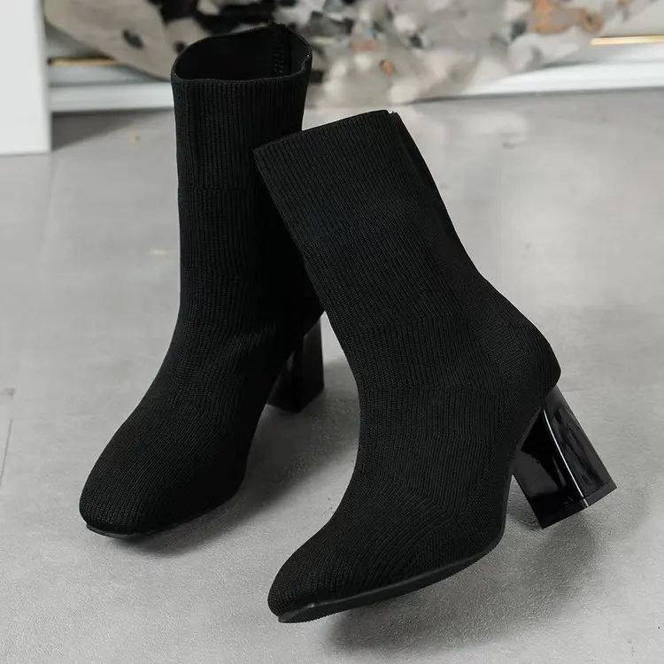 

Large Size Women's Knitted High Heel Mid-Calf Boots Autumn Winter New Style TEUM Woolen Boots Casual Office Snow Boots