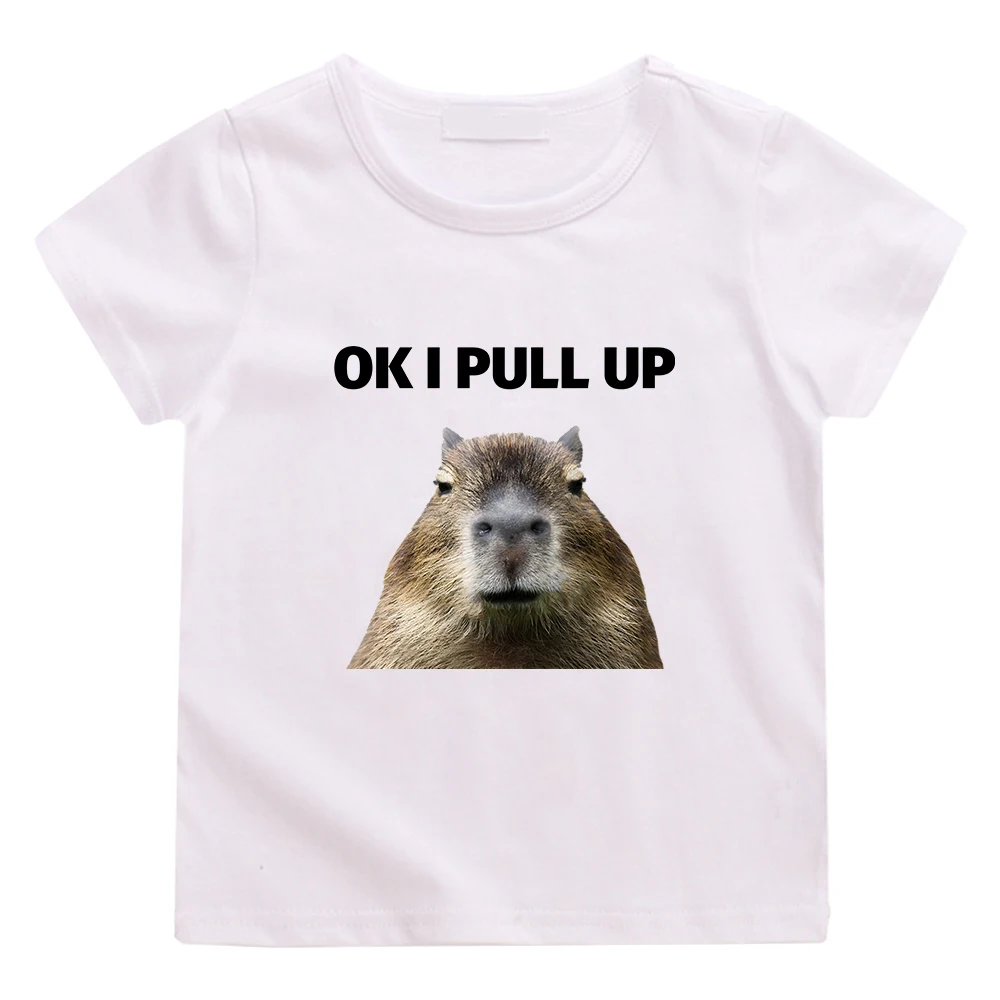 

OK I PULL UP Capybara Cartoon Tee-shirt Boys and Girls Summer Pure Cotton T-shirt Short Sleeve Kawaii Graphic Tshirt Comfortable