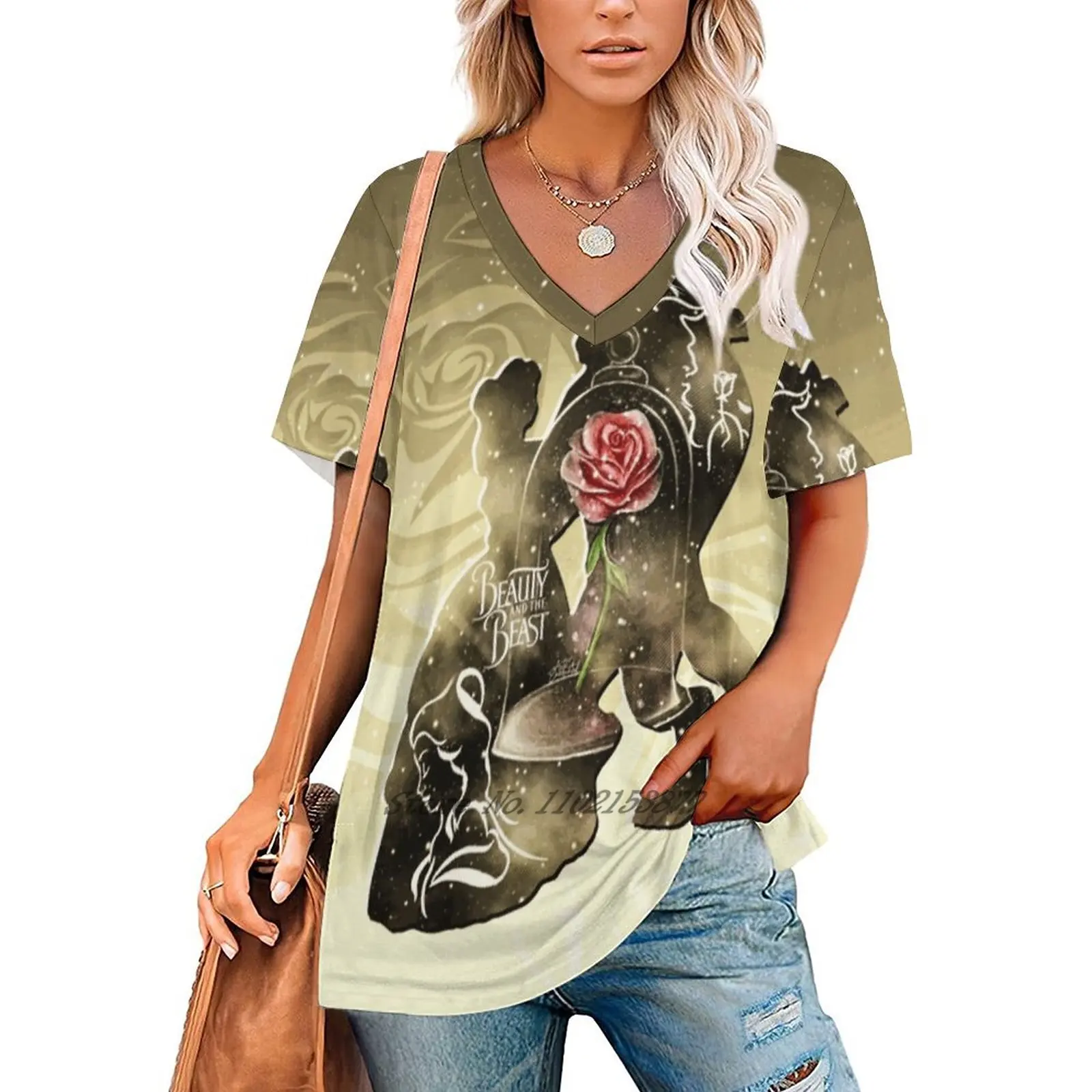 Beauty - Beast - Gold Red Rose Couple Romantic Magic Enchanted Women Print T-Shirt Summer Casual Tops Streetwear T Shirt Boho