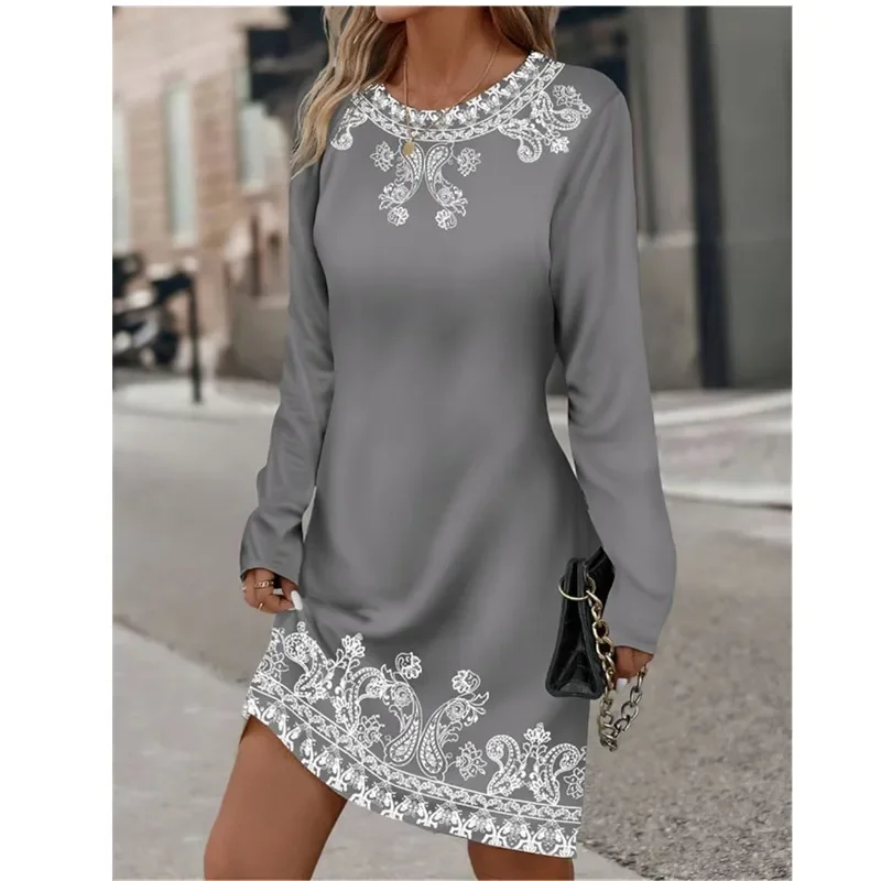 Autumn Women's Dress O-Neck Long Sleeve Plant Flower Printed Dress Vintage Floral Casual Dress Large Size 3XL Vestidos Spring