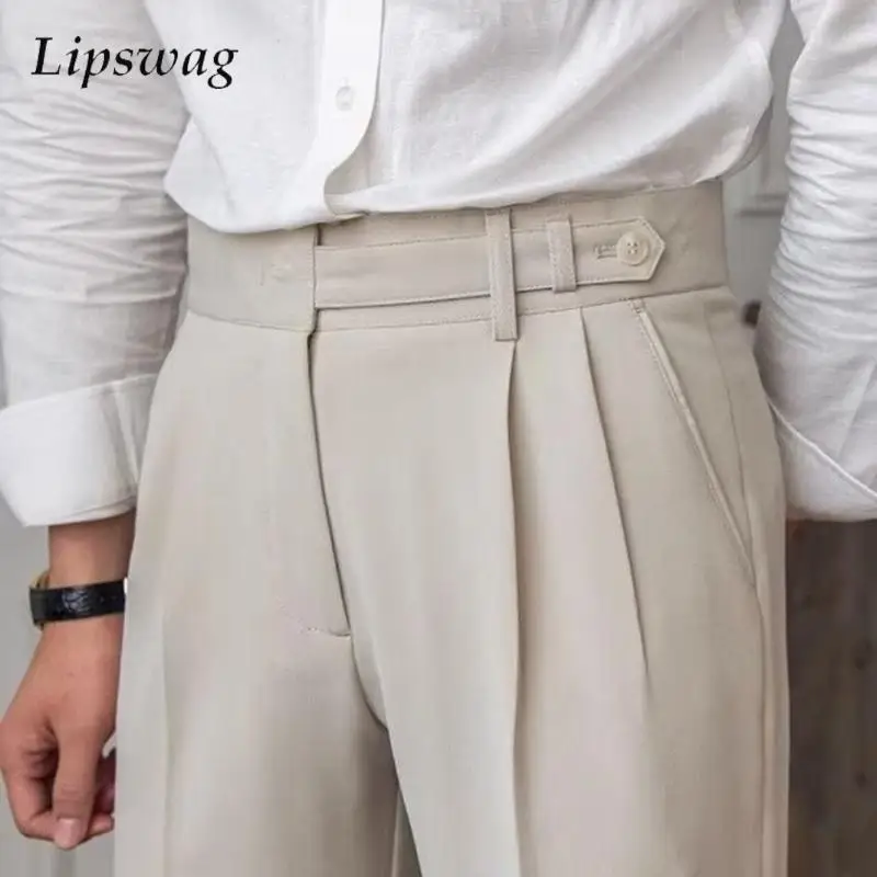 Old Money Aesthetic Mens Suit Trousers Stylish Belt Buttoned High-waisted Pants Men Fall Vintage Solid Color Slim Straight Pants