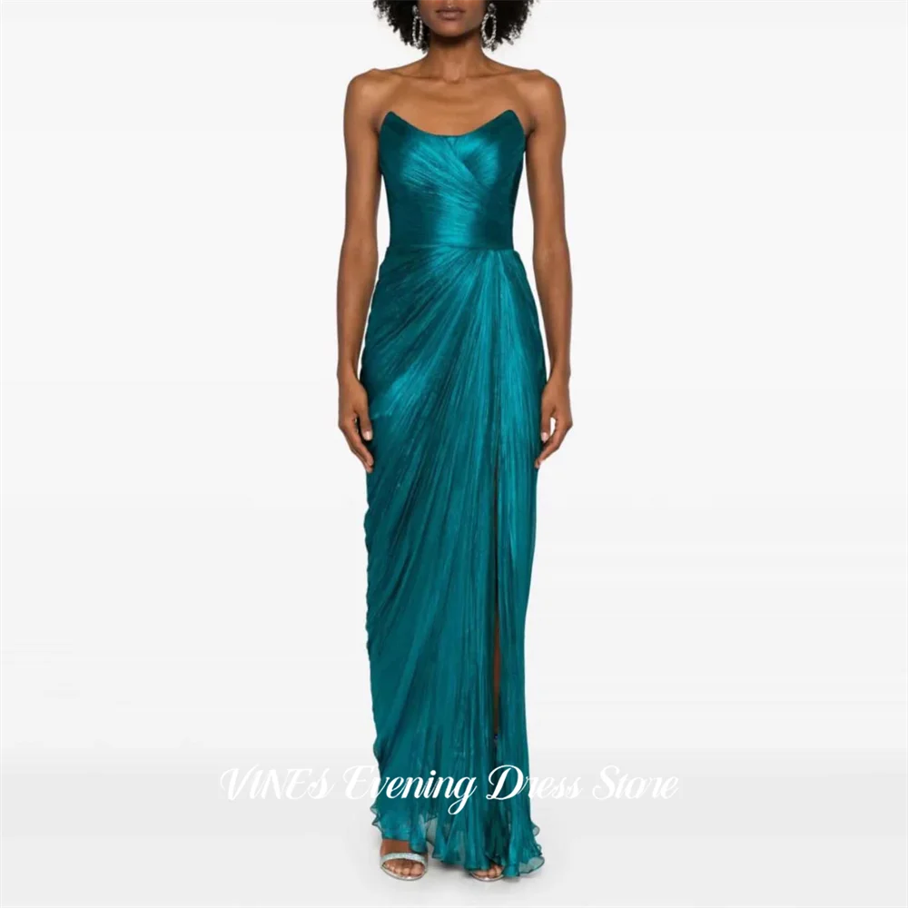 

VINES Teal Green Prom Dresses Strapless Evening Dresses with Ruched Party Dress Sexy Side High Split Robe De Soirée Customized