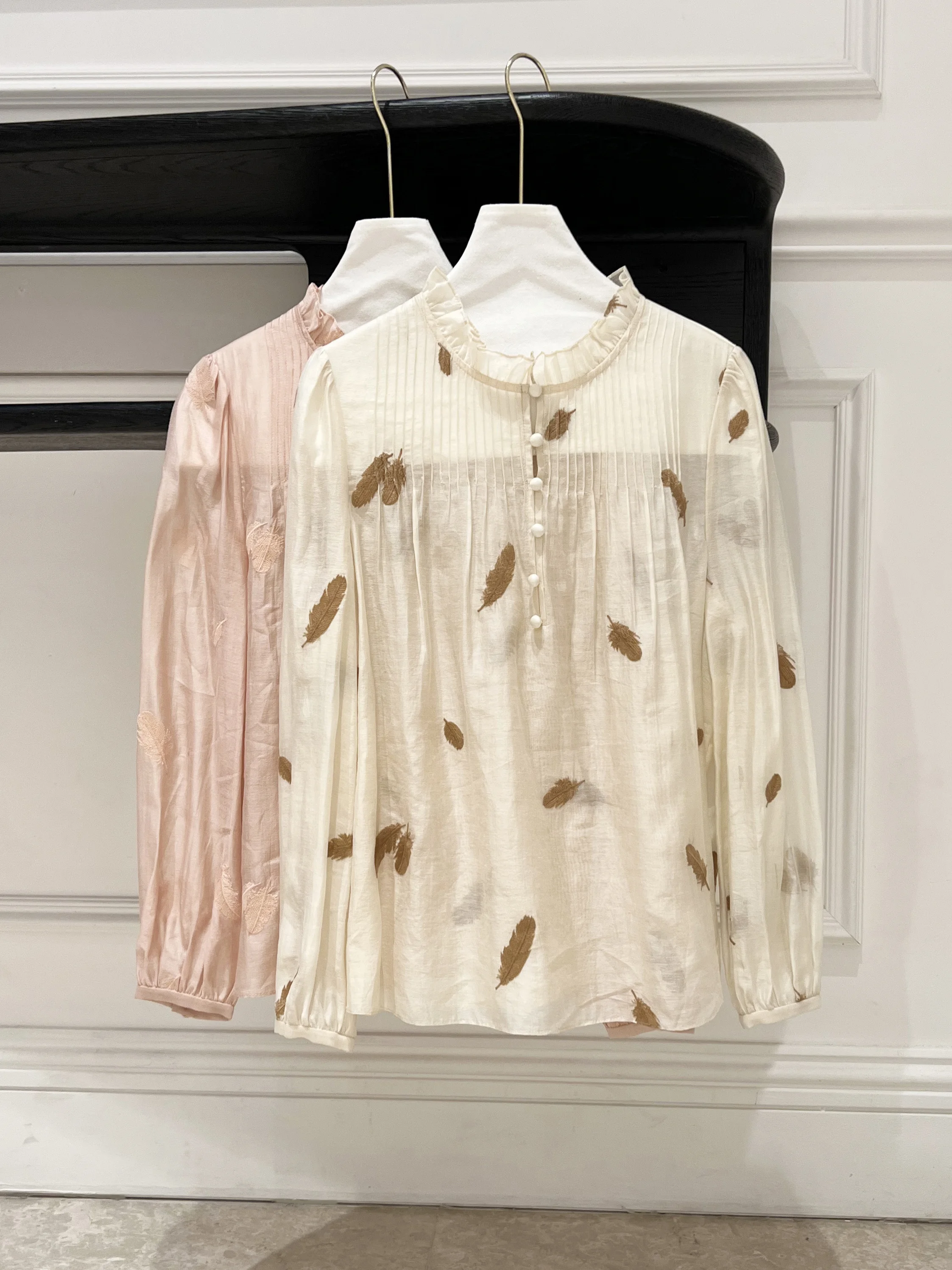 

Ele Embroidered Long Sve irt Spring Summer Faion Stand Collar Pleated Ladylike Sle Women's Premium Quali Top