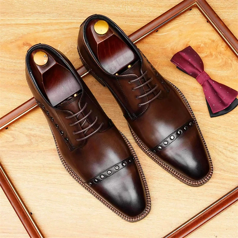 

Dress Shoes Men Calfskin Rivet Round Toe Lace Up Solid Color Flats Formal Dress Office Wedding Shoes Handmade Footwear