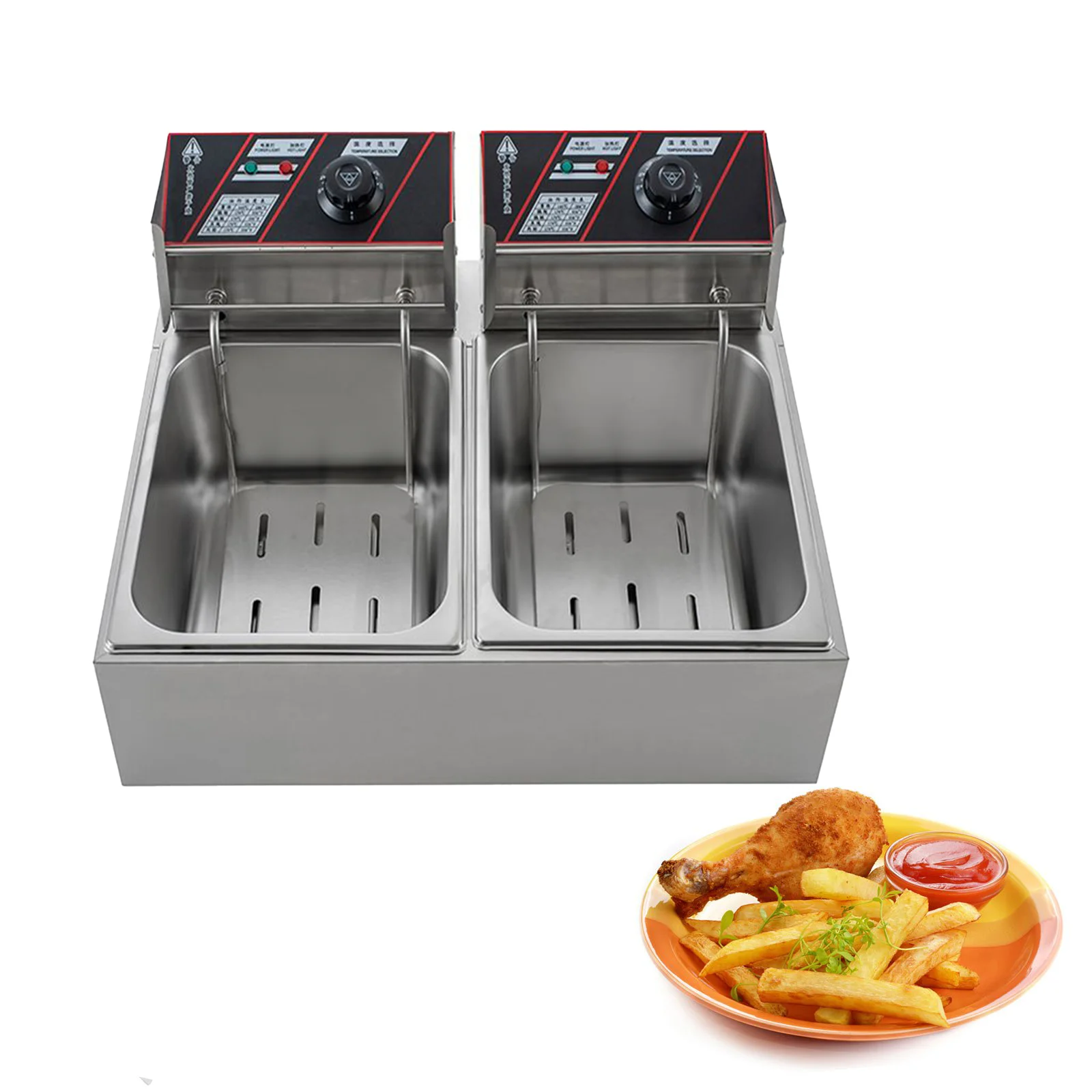 Upgrade Commercial 5kw Electric Deep Fryer Countertop Deep Fryer with Double Stainless Steel Tan Detachable Tanks 6L+6L,220v