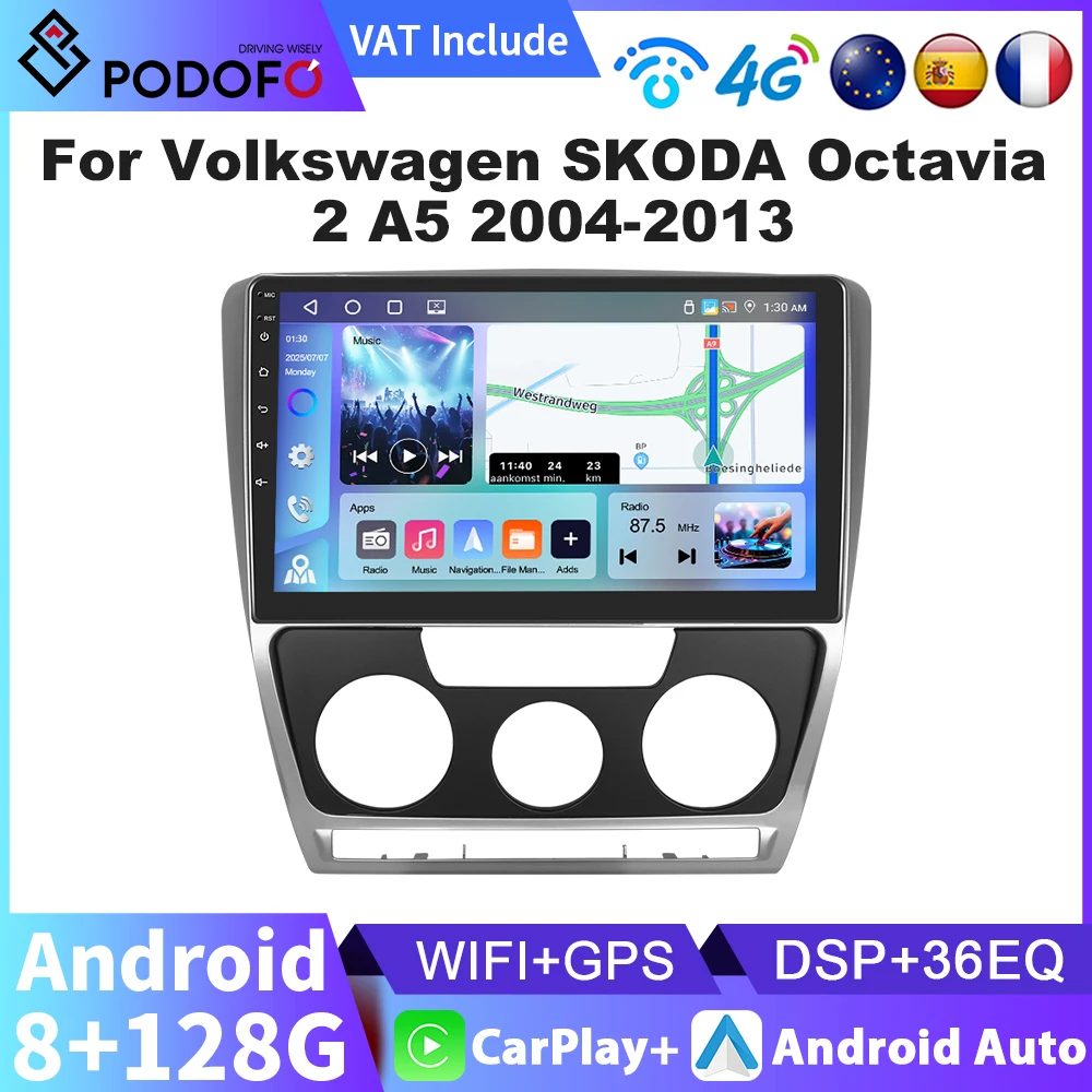 Podofo "راديو السيارة اللاسلكي CarPlay راديو أندرويد لـfolkVolkswagen Skoda Octavia 2 A5 2004-2013 الوسائط المتعددة 4G راديو السيارة #1