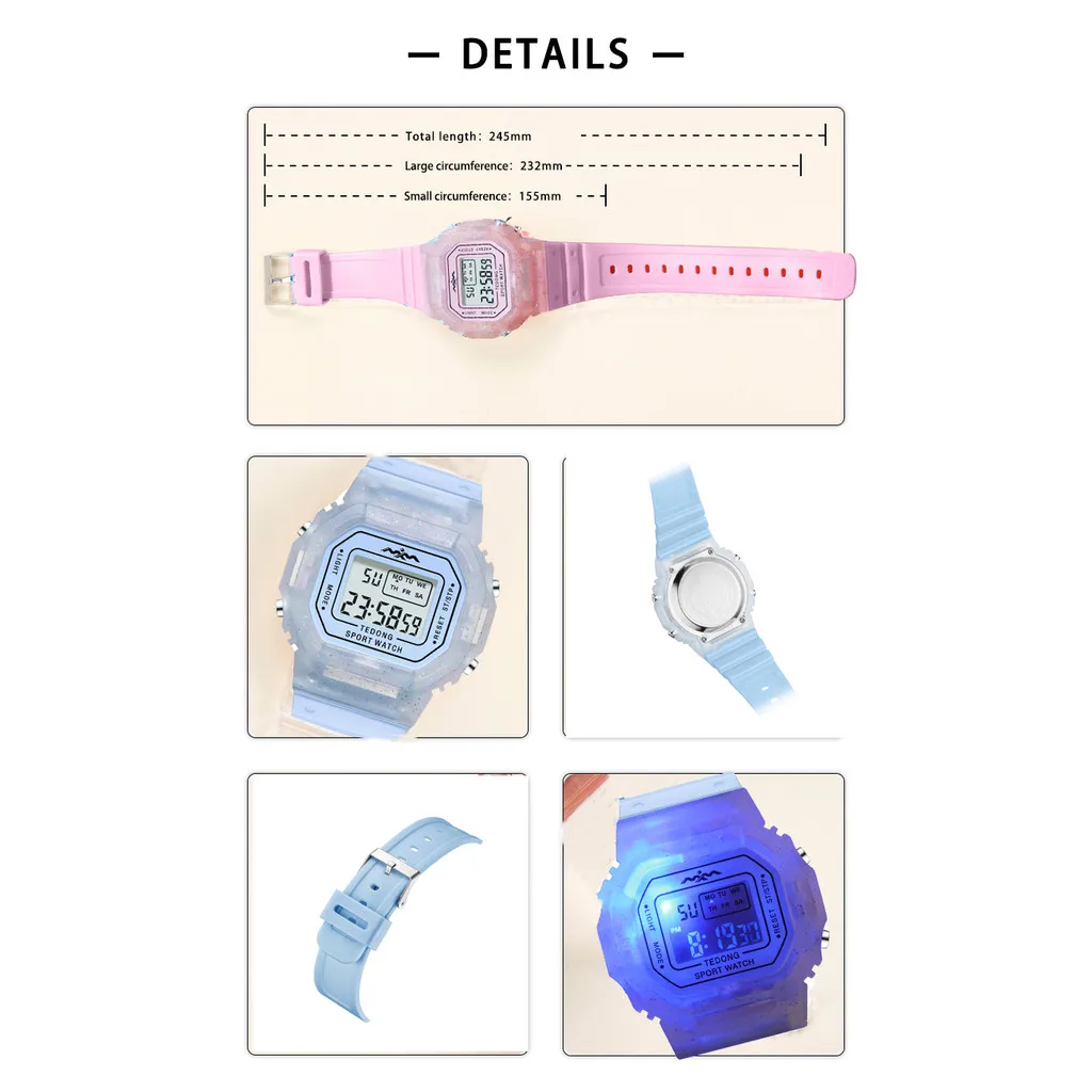 Correa de silicona para mujer, reloj digital multifuncional con calendario y despertador, luz nocturna, resistente al agua