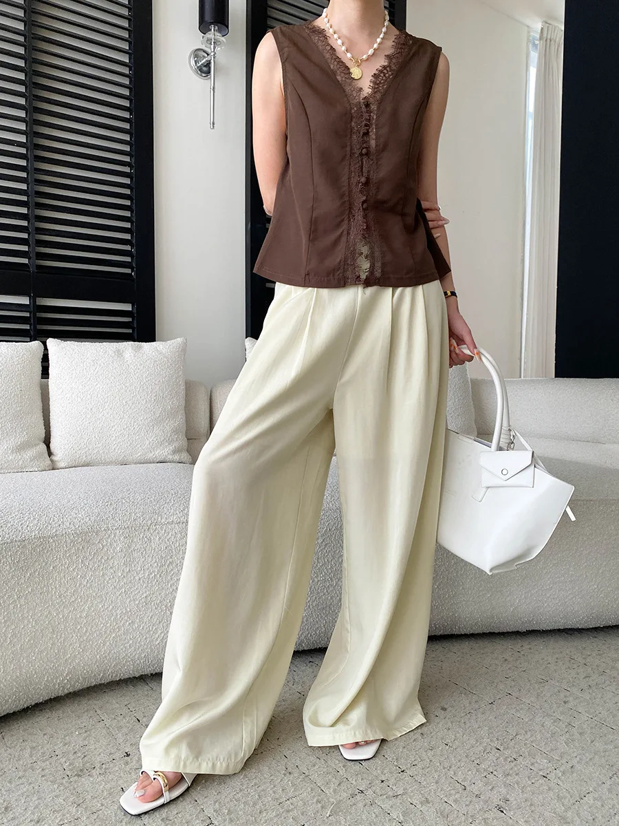 Sommerliche Damen-Freizeithose in Uni-Farbe, halb elastisch, hoher Bund, locker geschnitten, weites Bein – Detail 12