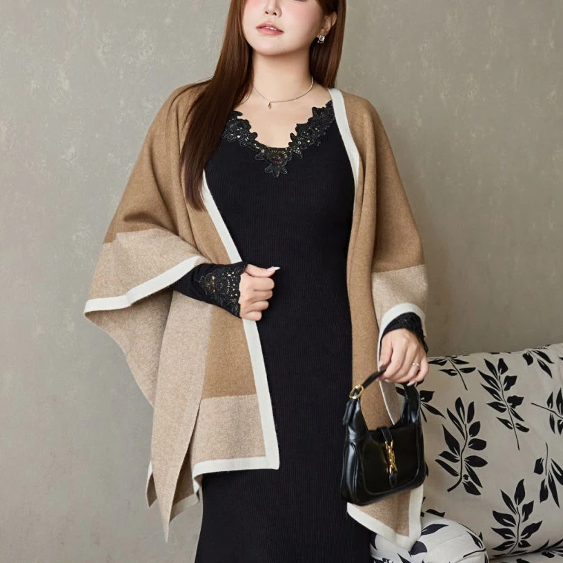 

Модный женский плащ больших размеров премиум-класса во французском стиле, вязаная верхняя одежда с цветными блоками, шаль, накидка 9304