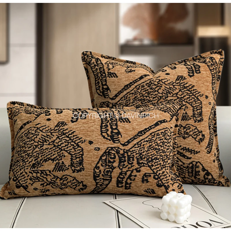 DAVINRICH Mountain Tiger Themed Heavy Embroidered Pillow Covers Luxury Italian Style Accent Cushion Case For Villa Hotel Office