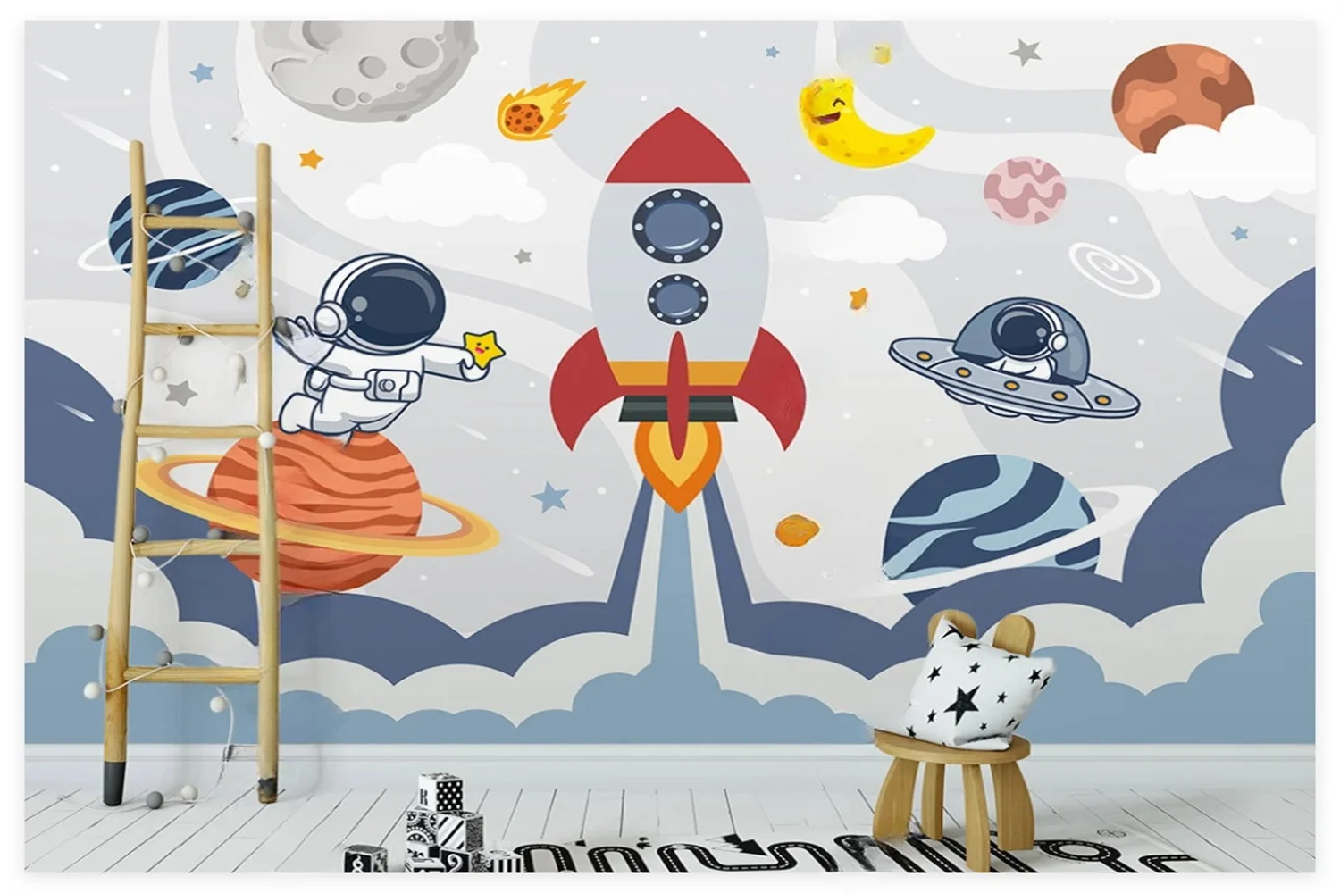 Custom Wallpaper Modern Simple Cartoon Outer Space Planet Rocket Astronaut Children's Room Bedroom Background Wall 3d wallpaper