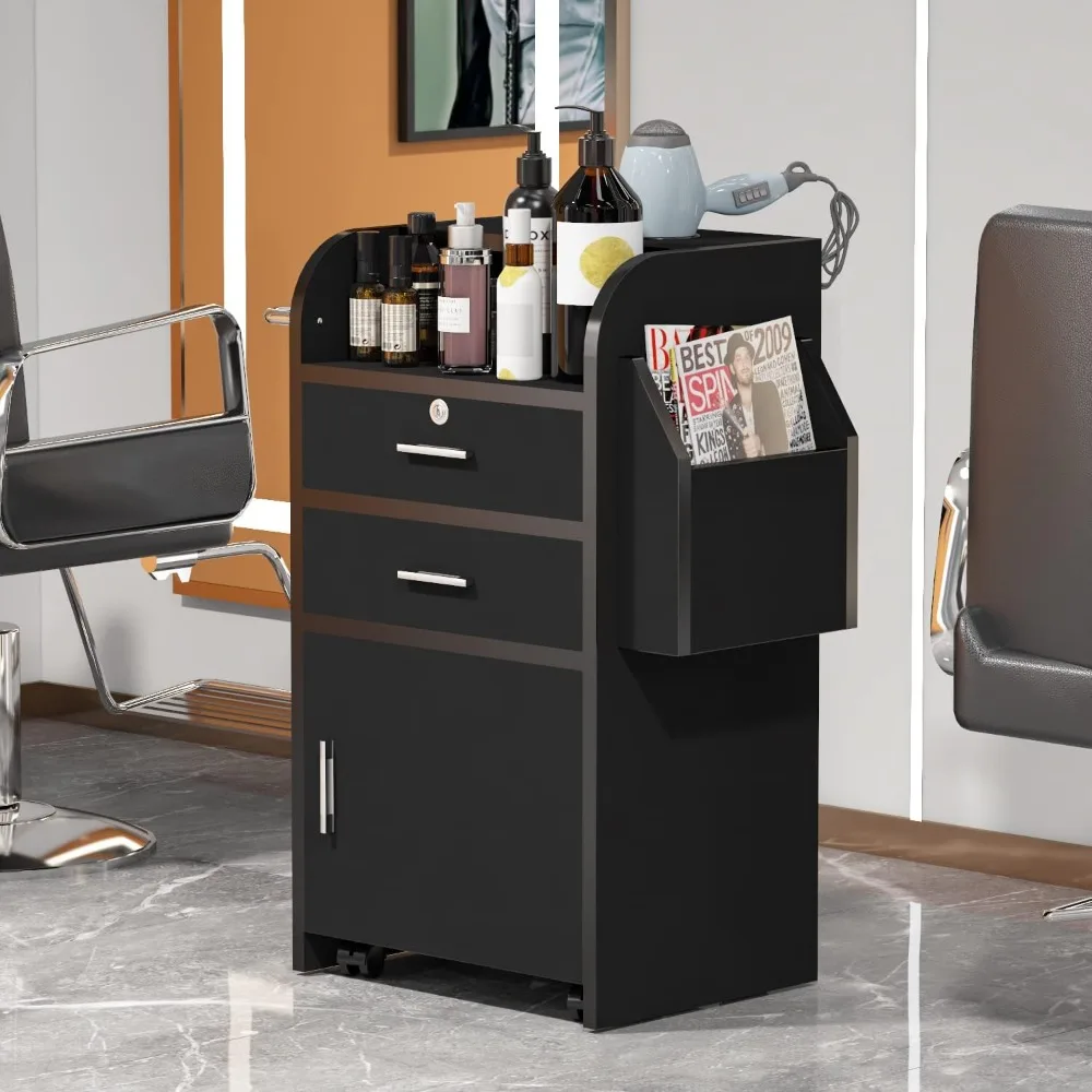 

Salon Trolley Cart with Wheels,Hair Stylist Salon Station with 2 Hair Dryer Holders & 2 Drawer & 1 Large Cabinet & Towel Rack