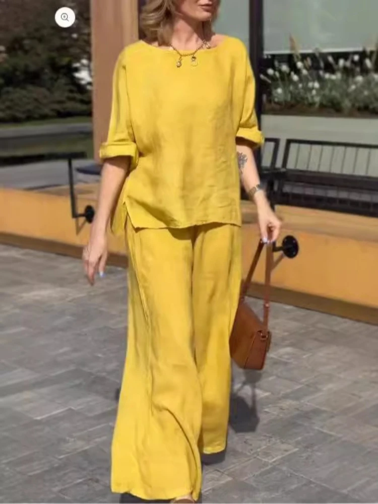 

Fashion Cotton Linen Short-sleeved O Neck Trousers Women Suit Spring Summer New Loose Pocket Shirt Trousers Female 2 Piece Set