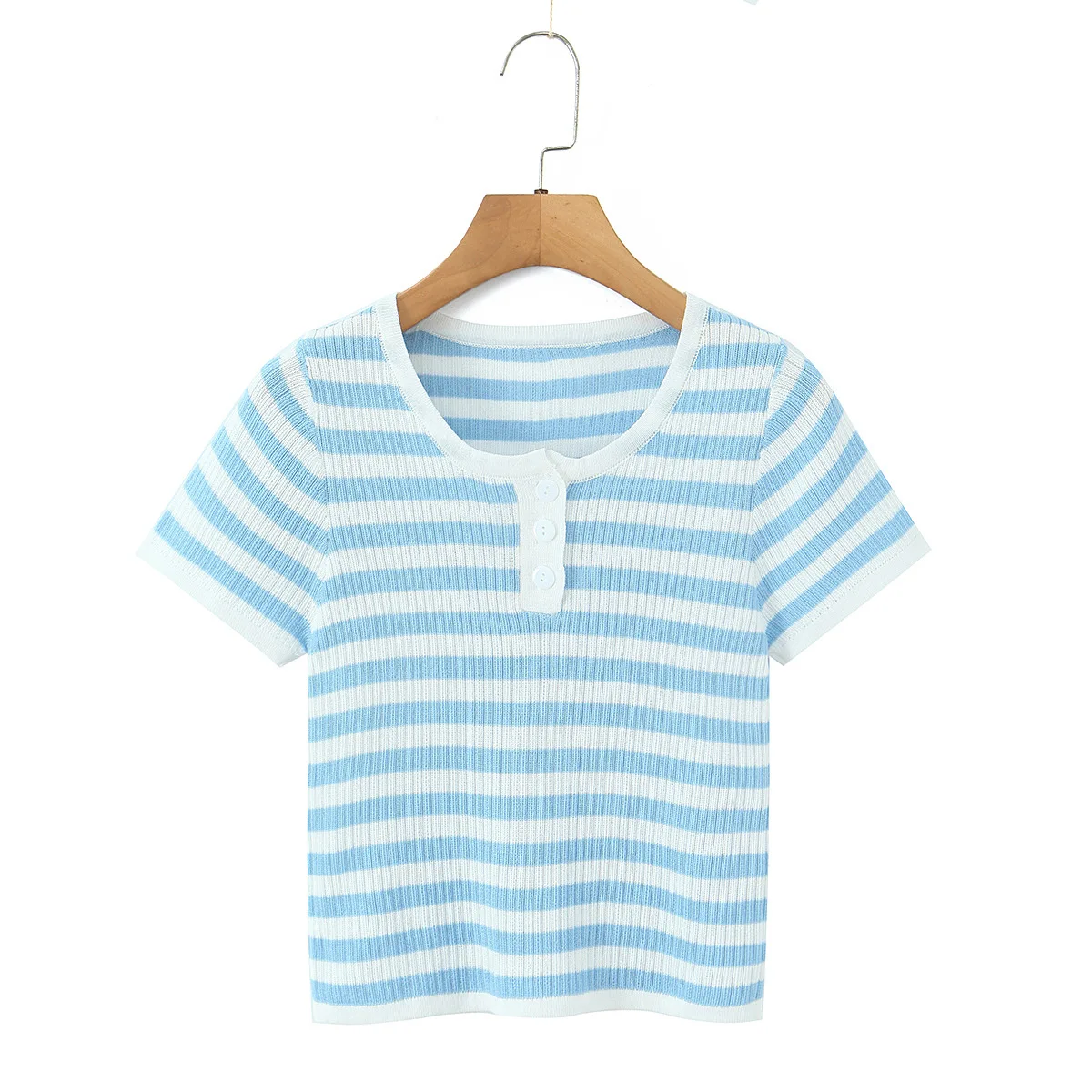 Blue And White Striped Henley Neck Knit Top Casual Short Sleeve Ribbed T Shirt For Women Summer Daily Wear Casual Fashion VGK2