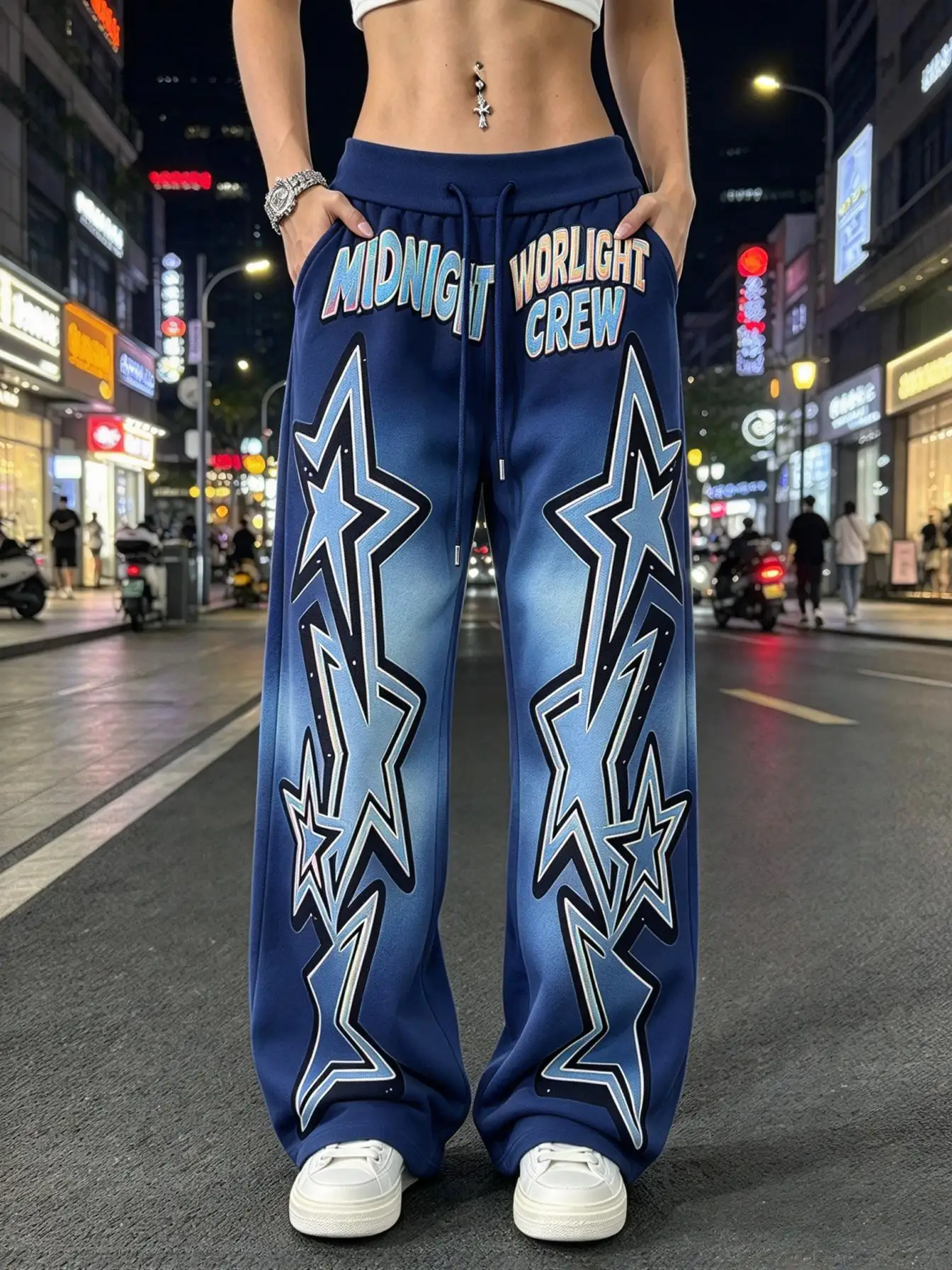 Women Low Waist Wide Leg Sweatpants Y2K Gradient Star Letter Graphic Print Elastic Drawstring Casual Trousers With Pockets