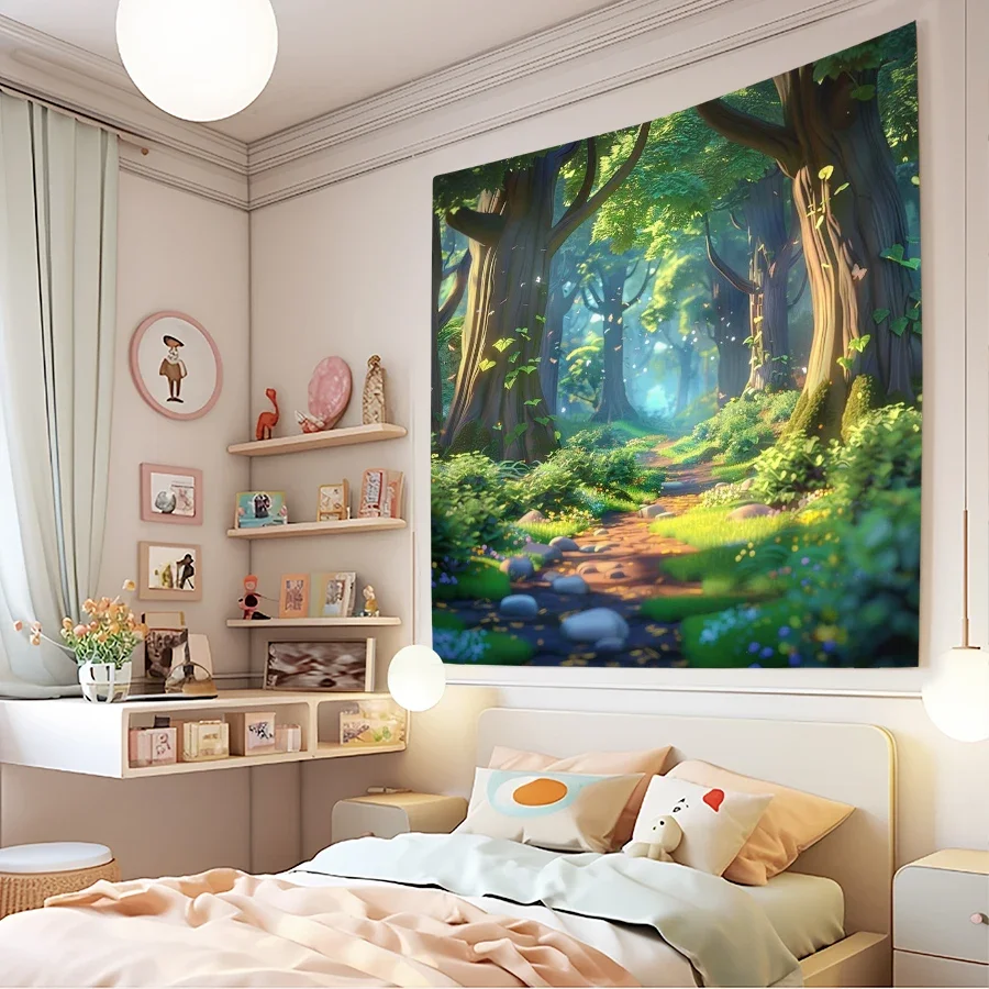 Vibrant Forest Scene Tapestry Wall Hanging Bohemian Bedroom Decor Green Nature Woodland Art Print