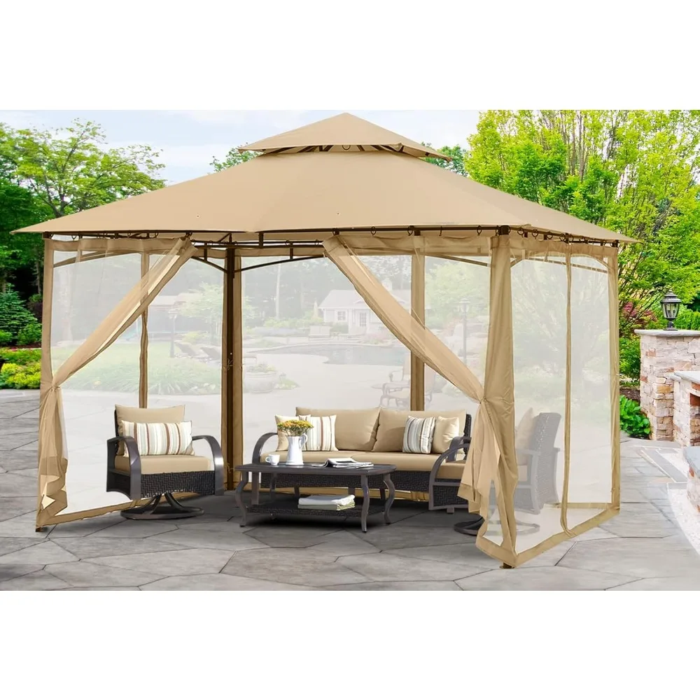Outdoor Garden Gazebo for Patios with Stable Steel Frame and Netting Walls (10x12,Beige)